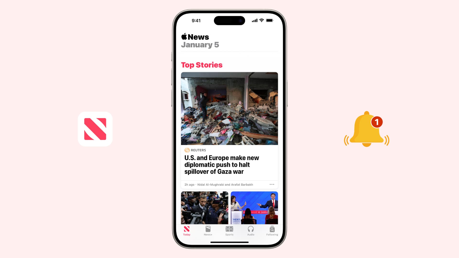 iPhone showing Top Stories in the Apple News app with icons for News and Notifications