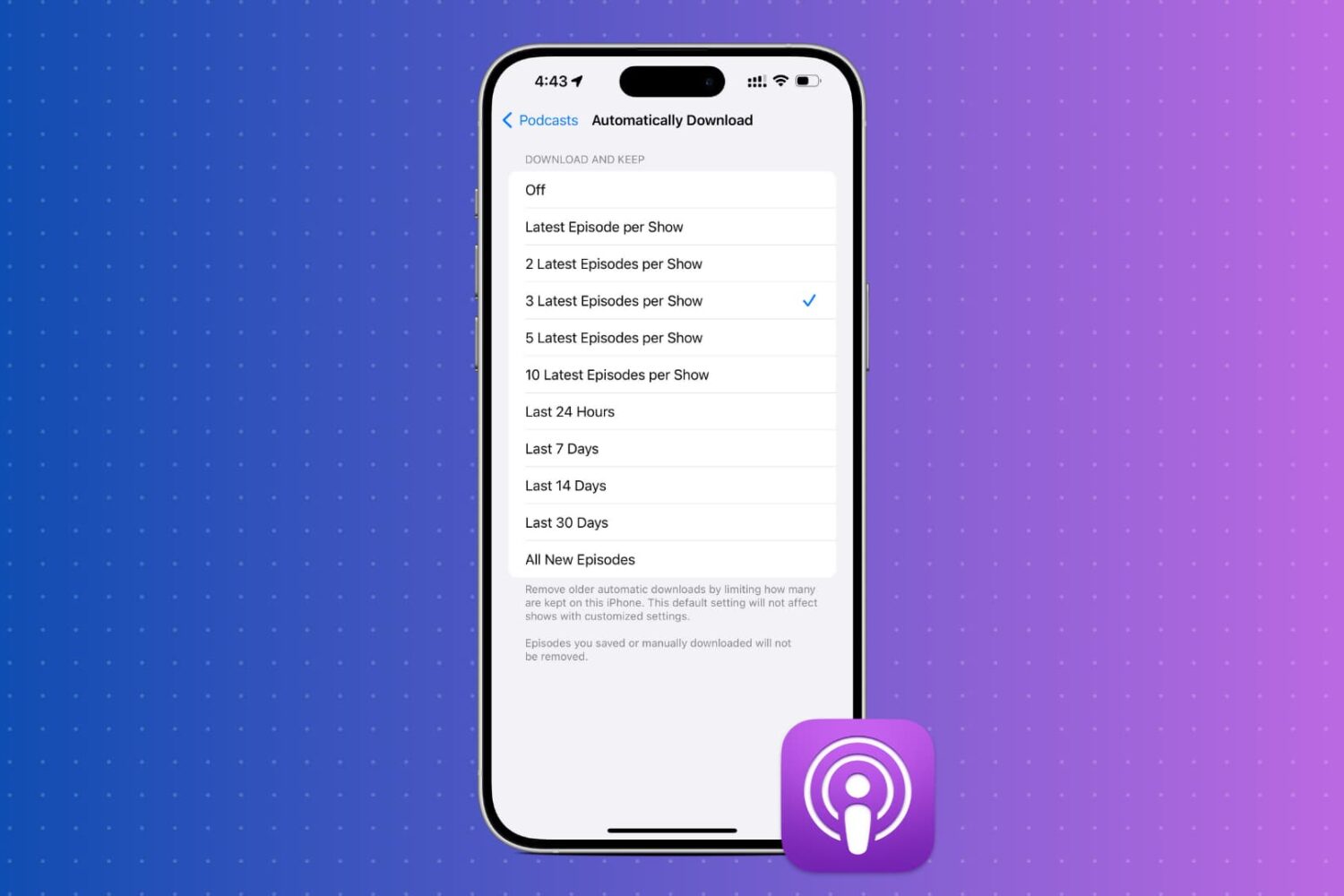 Podcasts app automatic download settings
