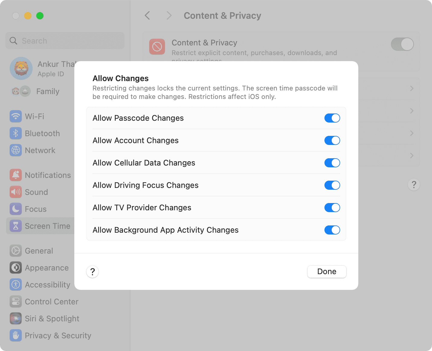 Preference Restrictions in Screen Time on Mac