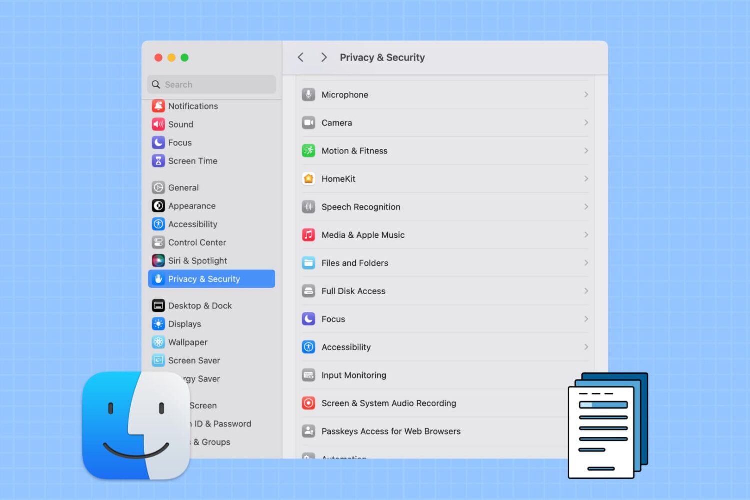 Privacy and security in Mac System Settings with Finder and files icons