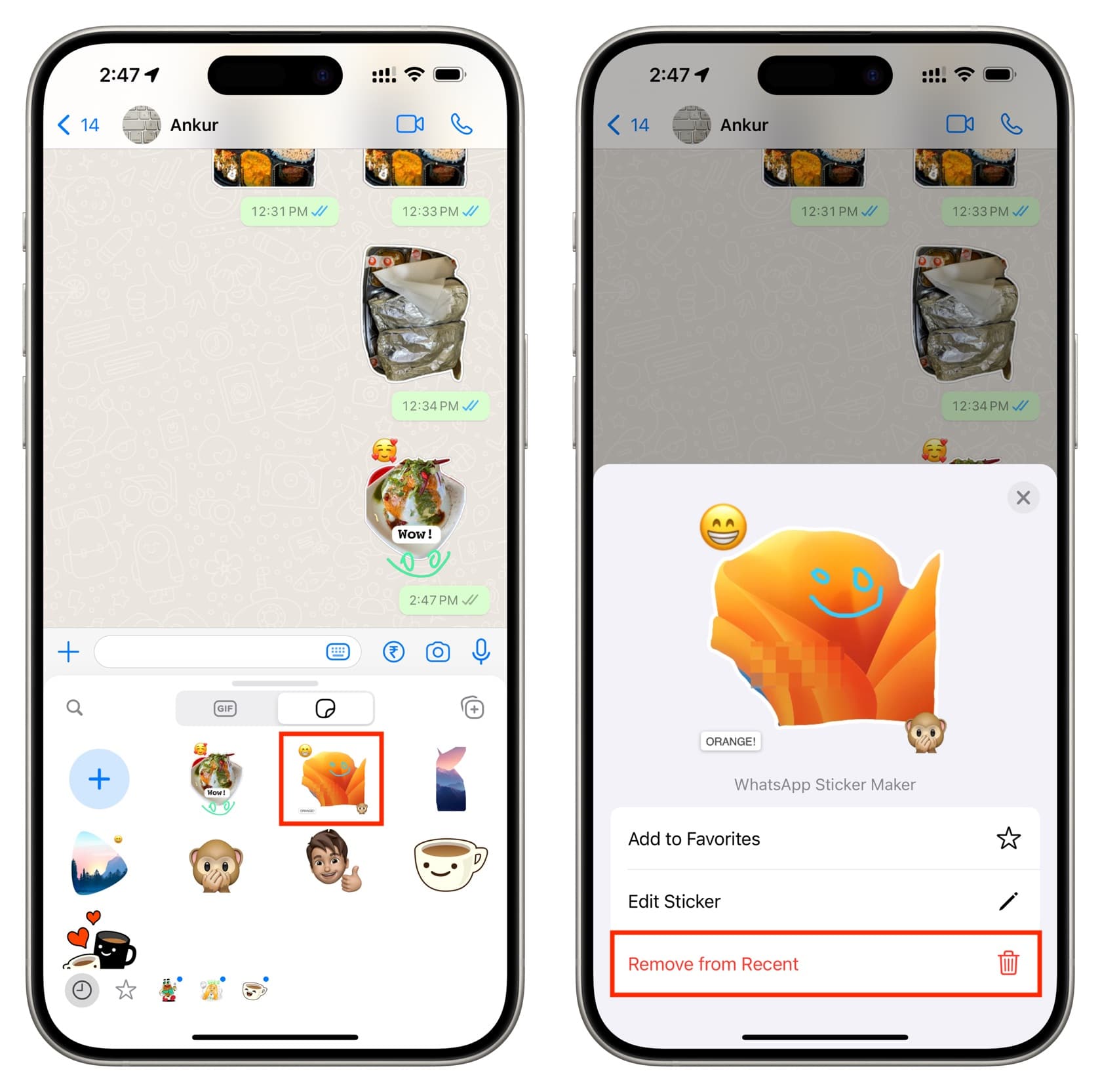 Remove sticker from Recent in WhatsApp on iPhone