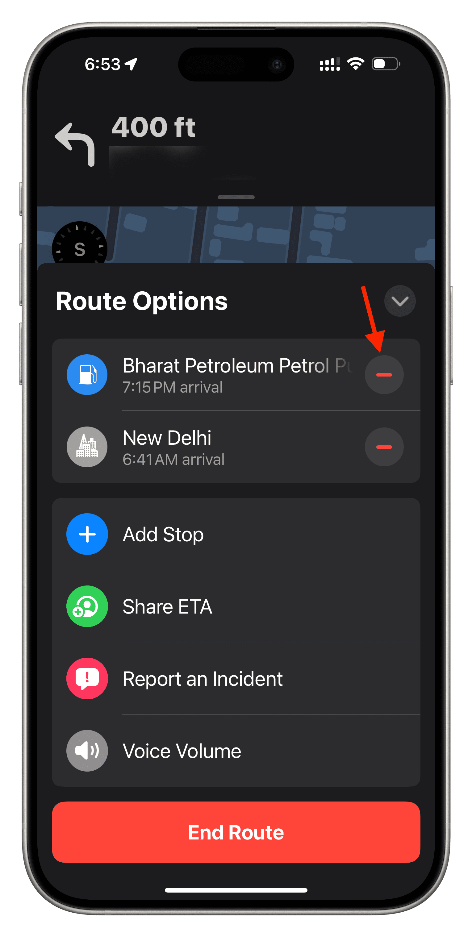 Remove stop from route while navigating in Apple Maps