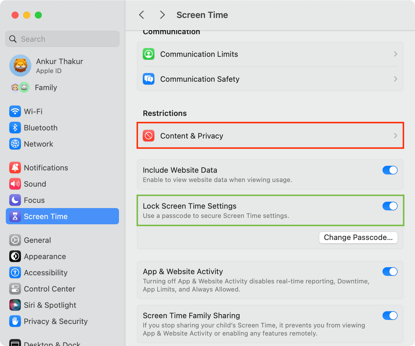 Restrictions on Screen Time settings on Mac