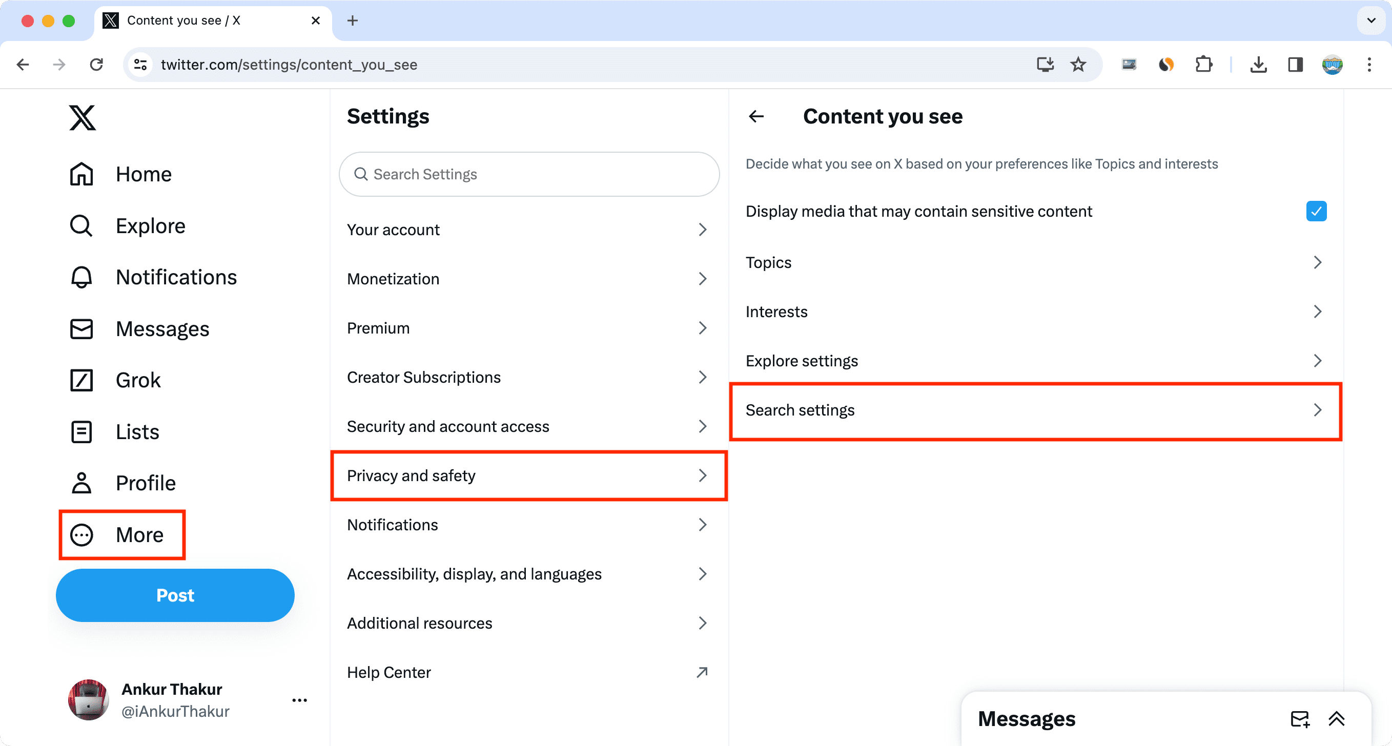 Search settings in Twitter web settings