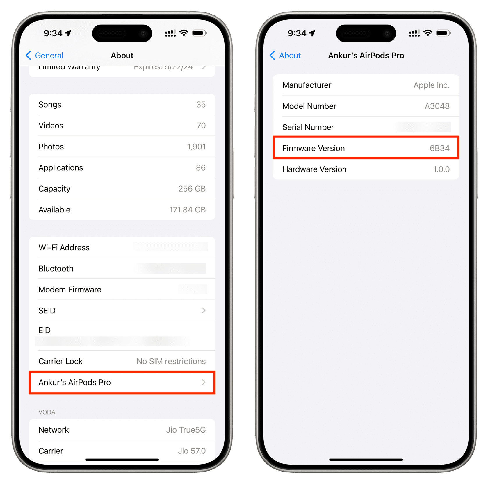 See AirPods firmware details in iPhone About section