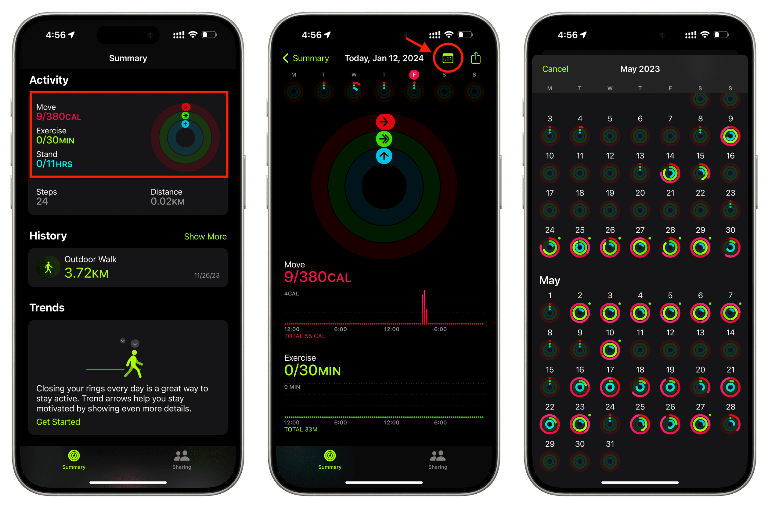 See all past Activity Rings in monthly view in iPhone Fitness app