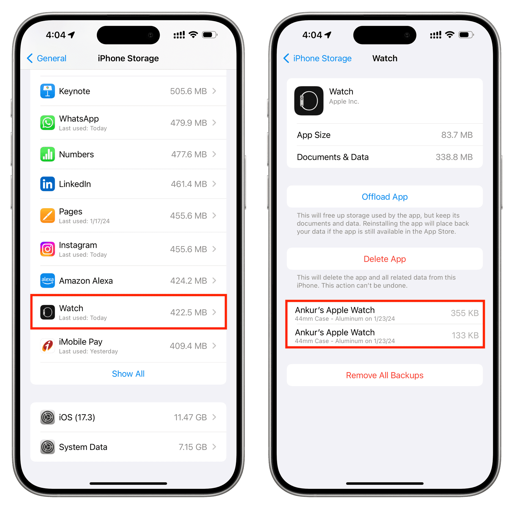 See your Apple Watch backup location on iPhone