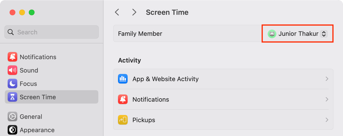 Select user from top of Screen Time on Mac