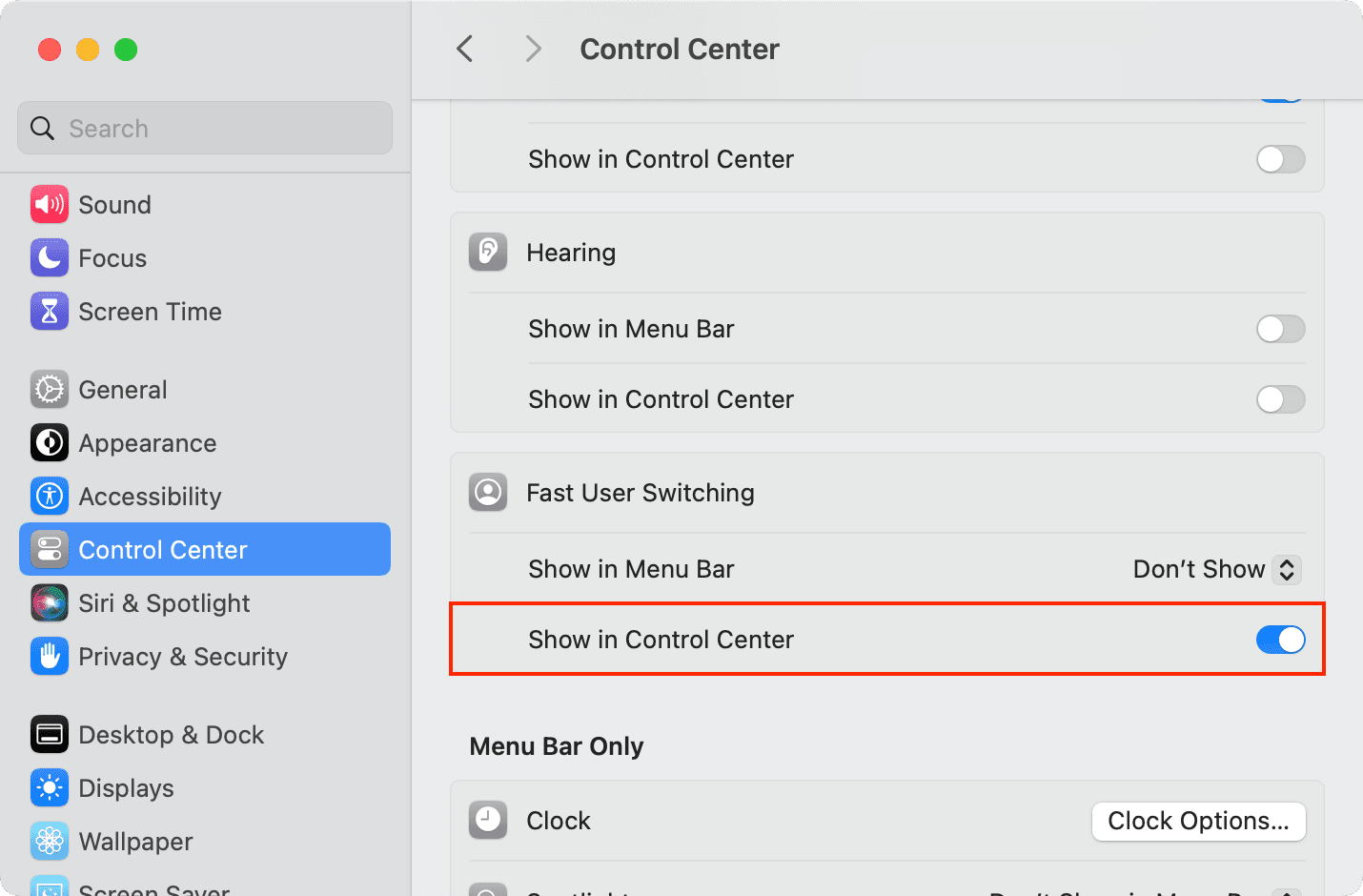 Show Fast User Switching in Control Center on Mac
