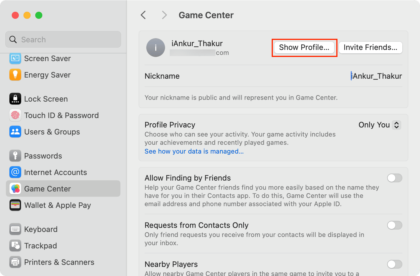 Show Profile in Game Center in Mac System Settings