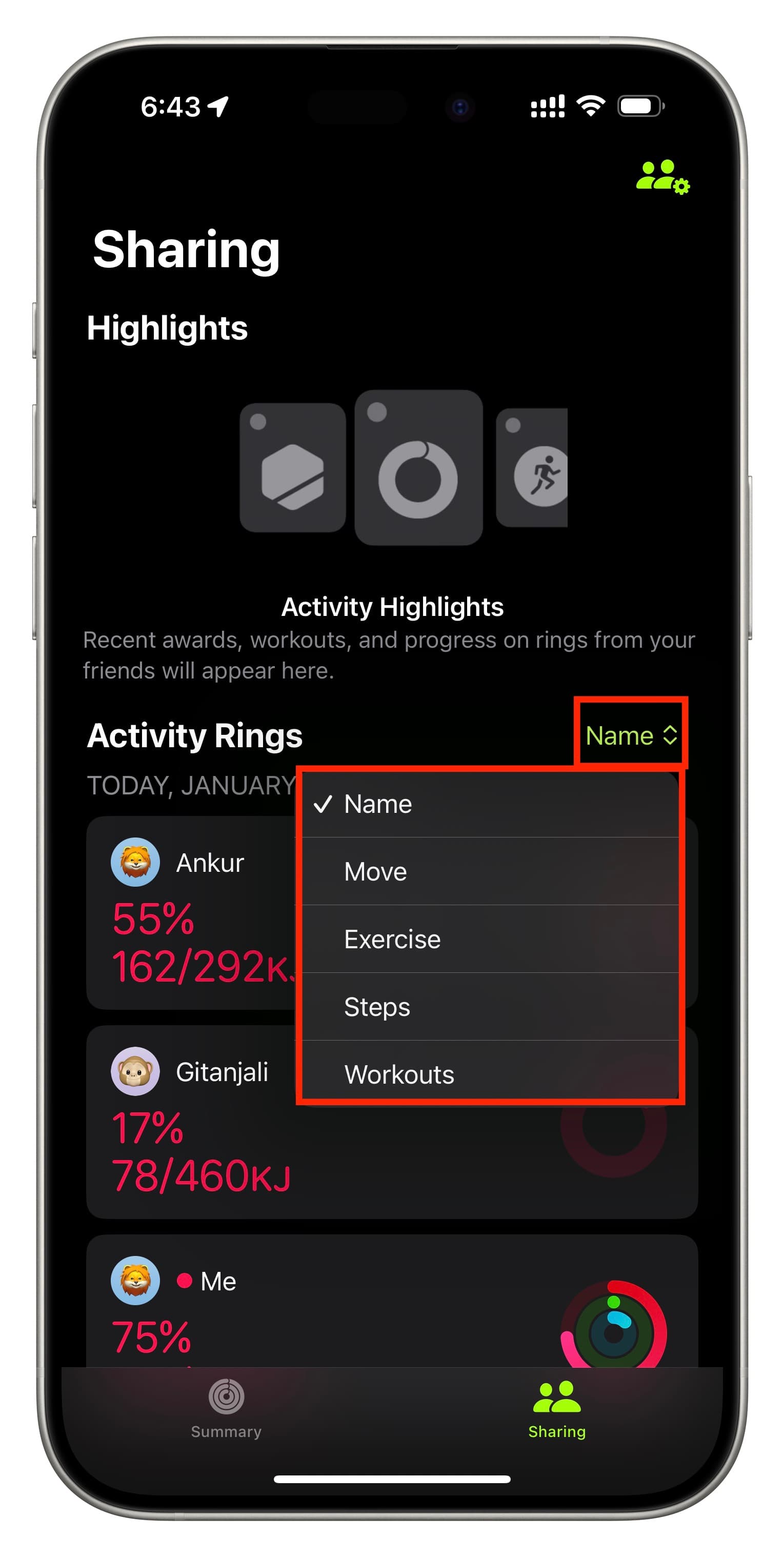 Sort your friend list in iPhone Fitness app