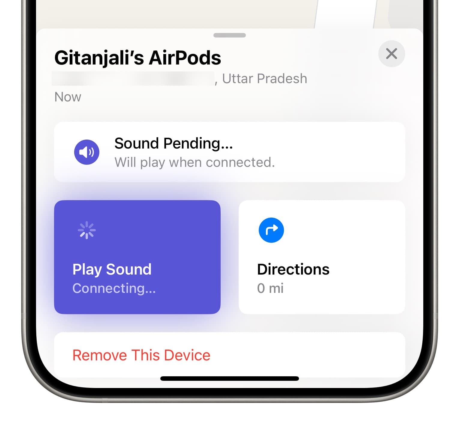 Sound Pending Will play when connected message for AirPod in Find My app