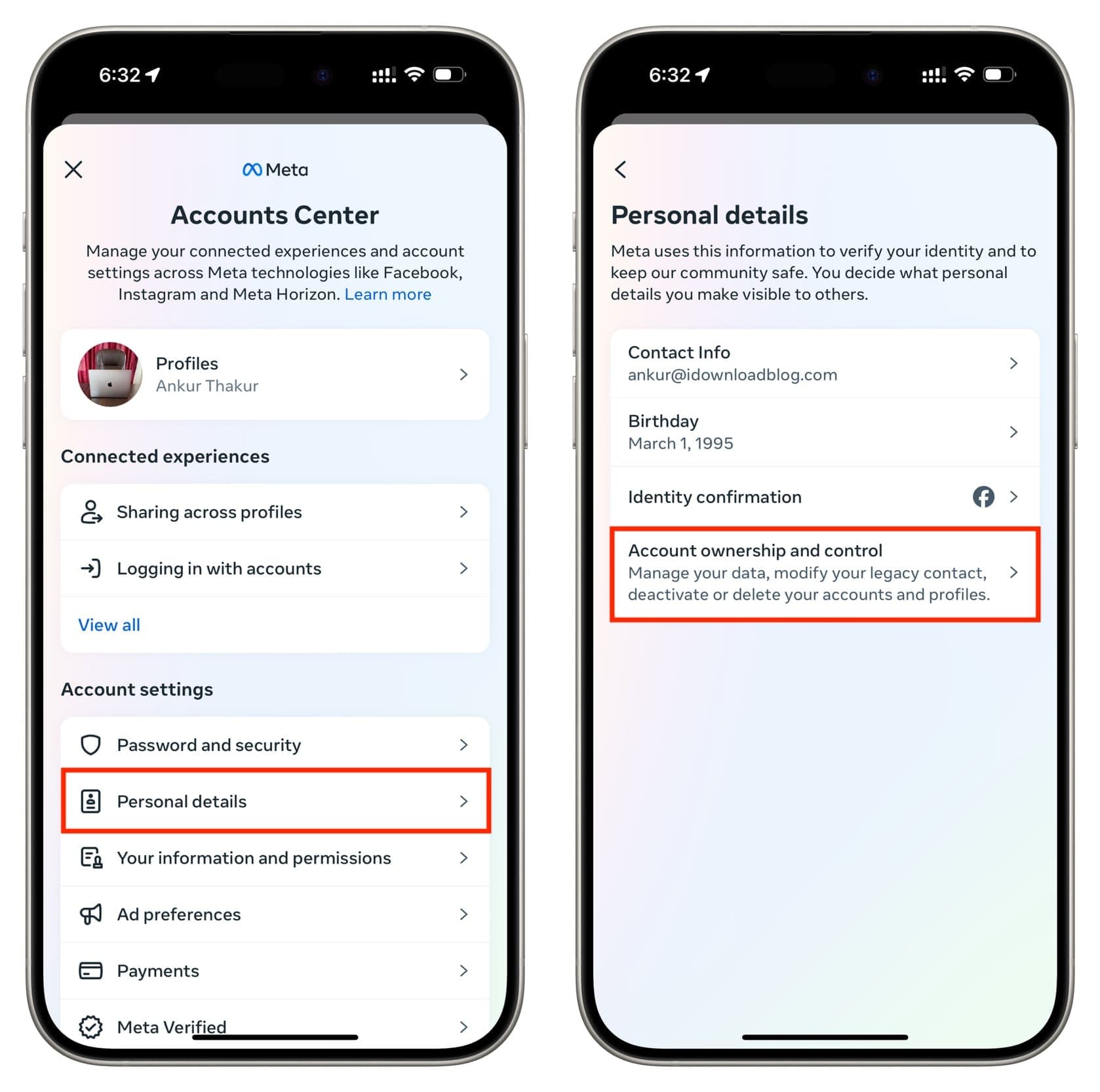 Tap Account ownership and control in Facebook app