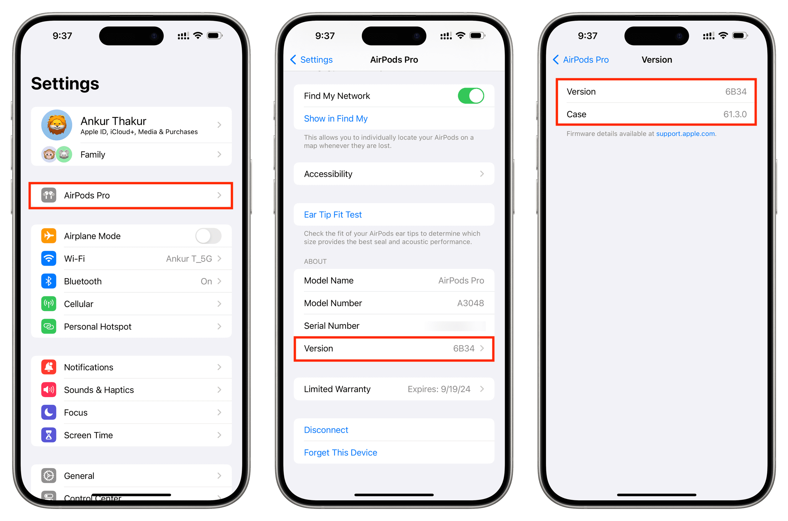 Tap AirPods name in Settings to see firmware version for AirPods and its case