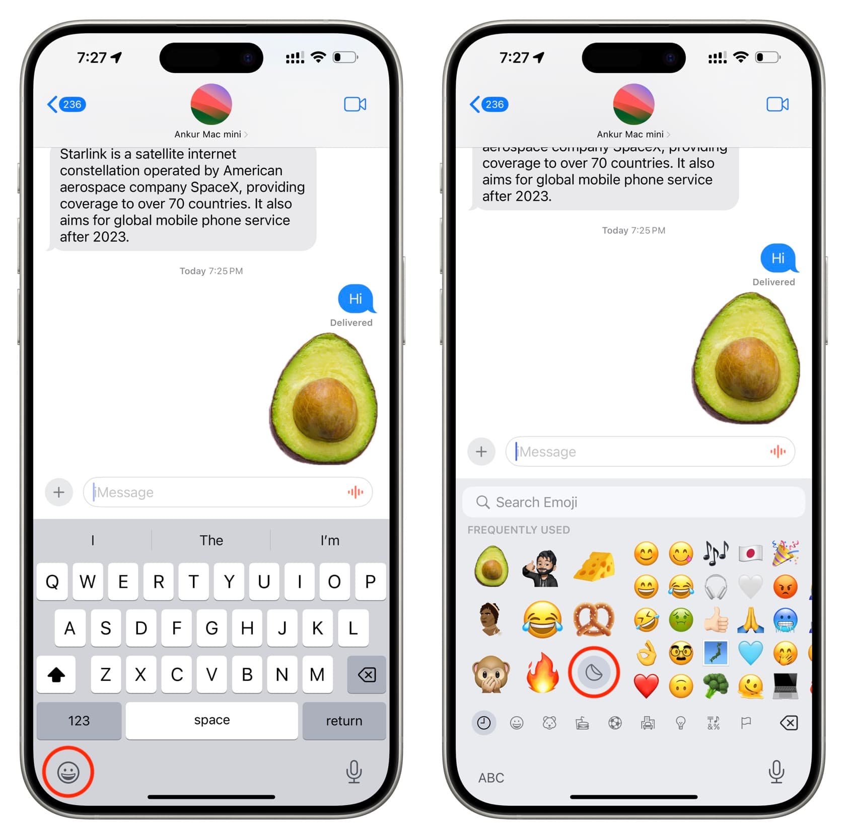 Tap emoji button on iPhone keyboard and then tap stickers button