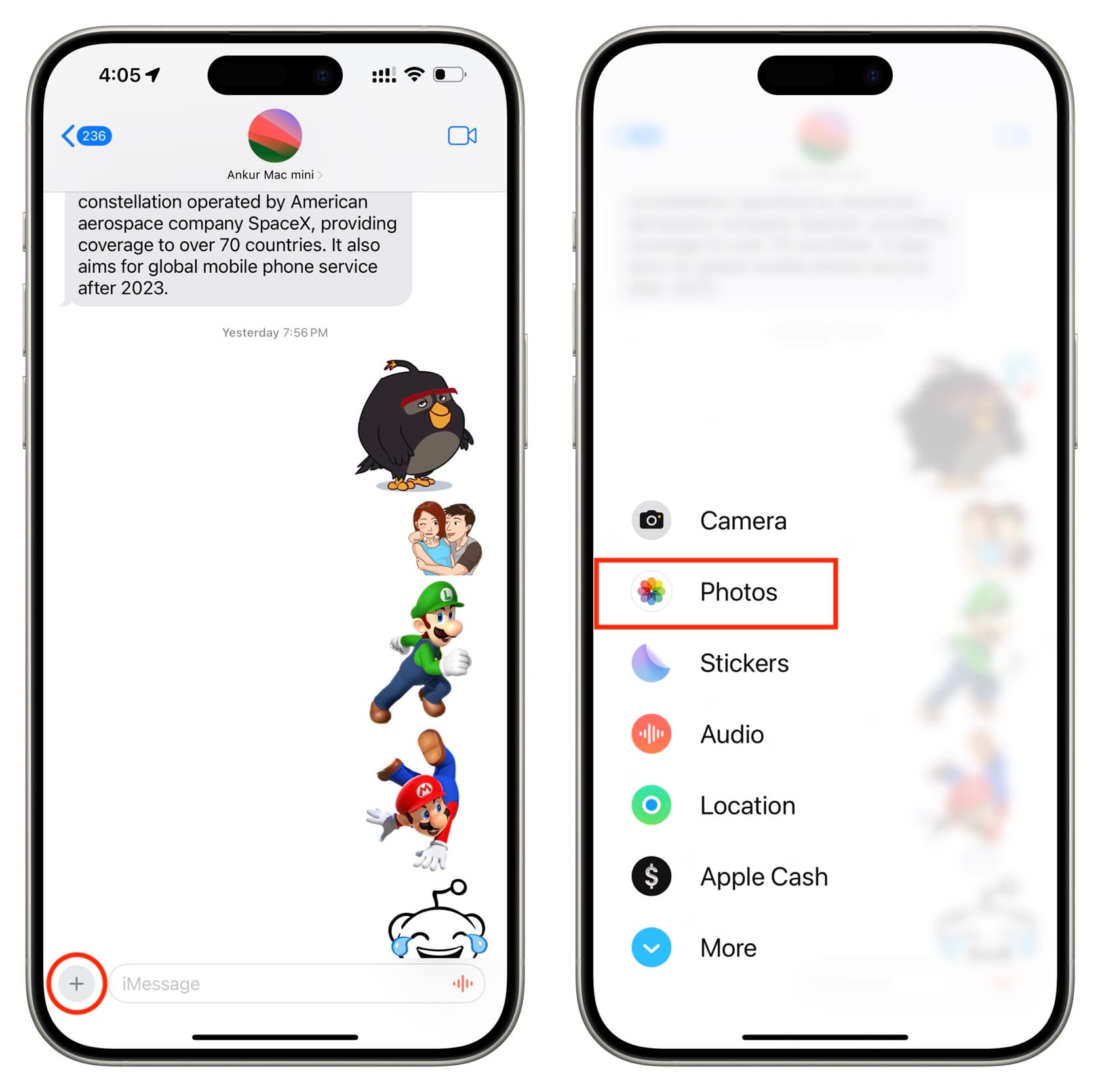 Tap plus button and select Photos in iPhone Messages app