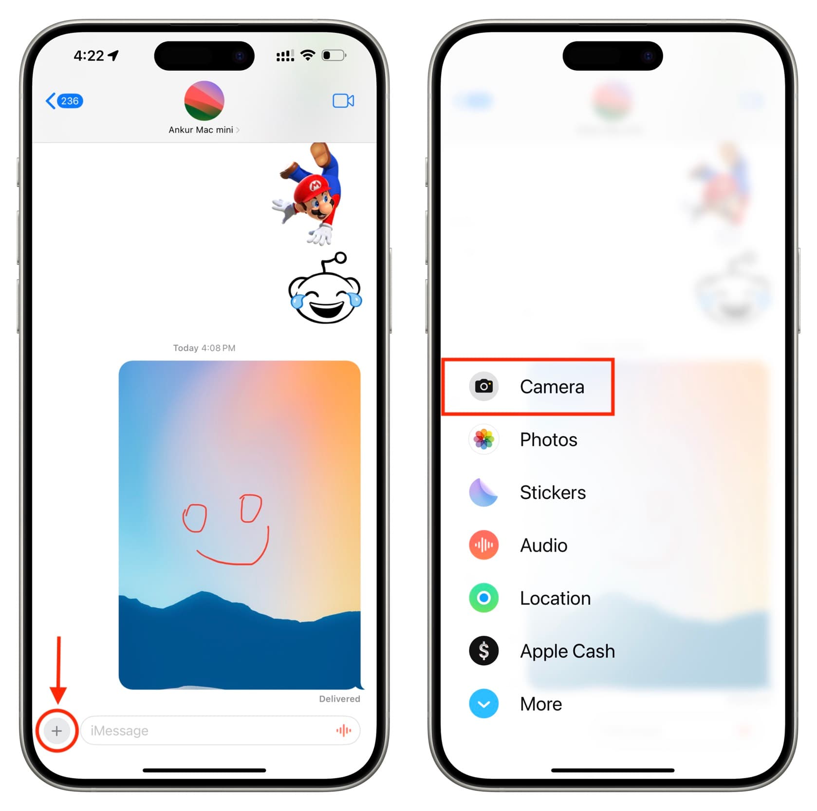 Tap plus button in iPhone Messages app and select Camera