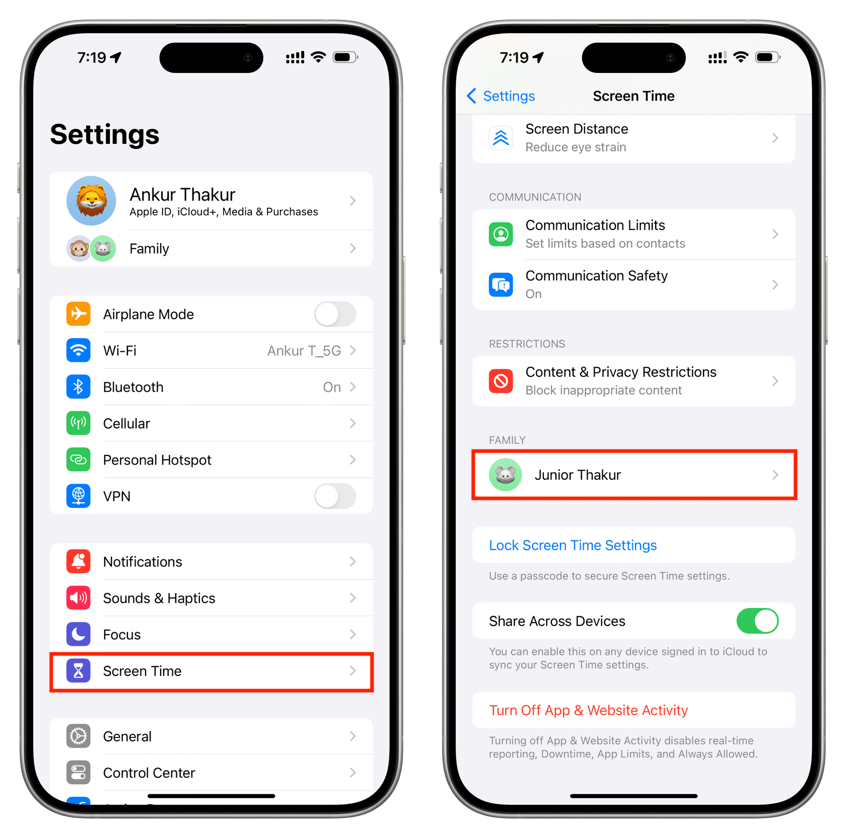 Tap your child name in iPhone Screen Time settings