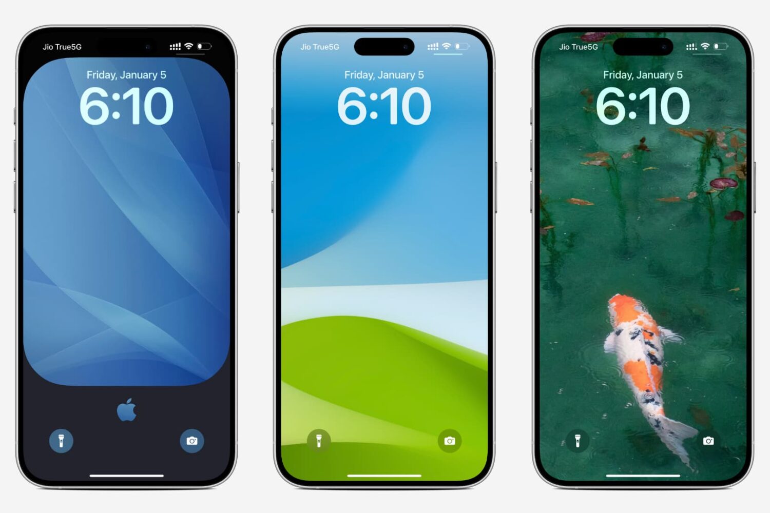 Three iPhone mockups showing different wallpapers on the Lock Screens