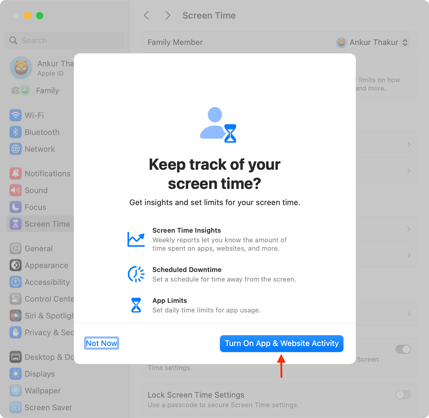 Turn On App and Website under Screen Time on Mac