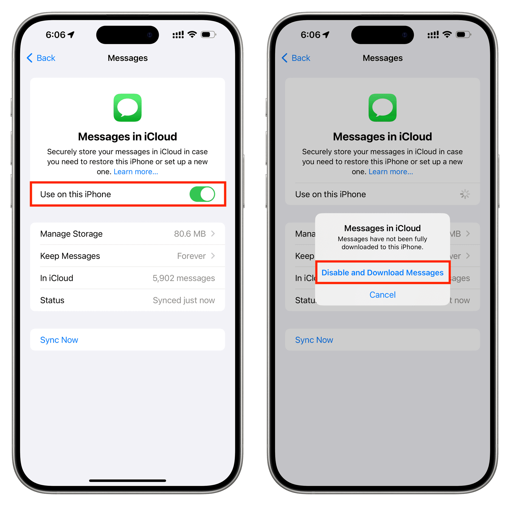 Turn off Messages in iCloud and tap Disable and Download Messages on iPhone
