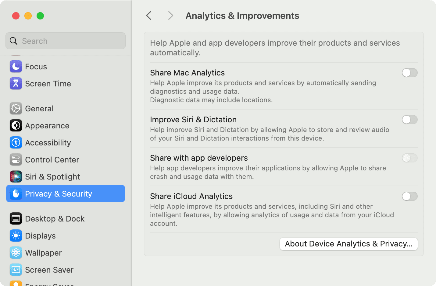 Turn off Share iCloud Analytics in Mac System Settings