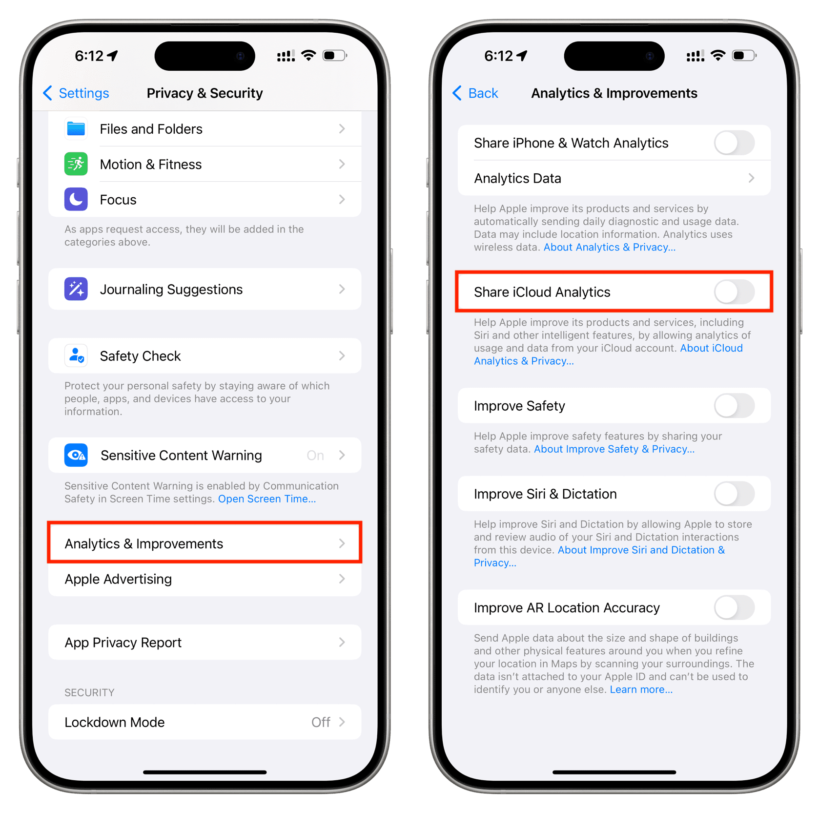 Turn off Share iCloud Analytics in iPhone System Settings