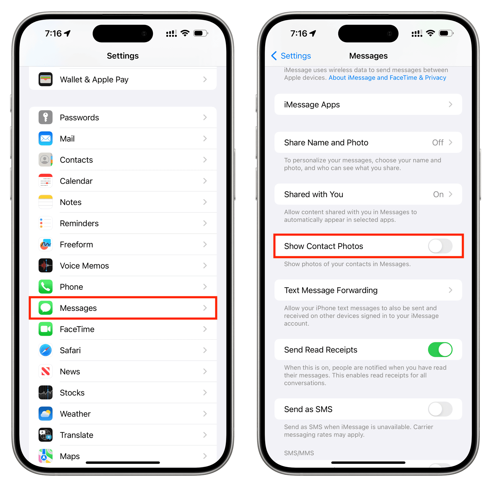 Turn off Show Contact Photos in Messages settings on iPhone