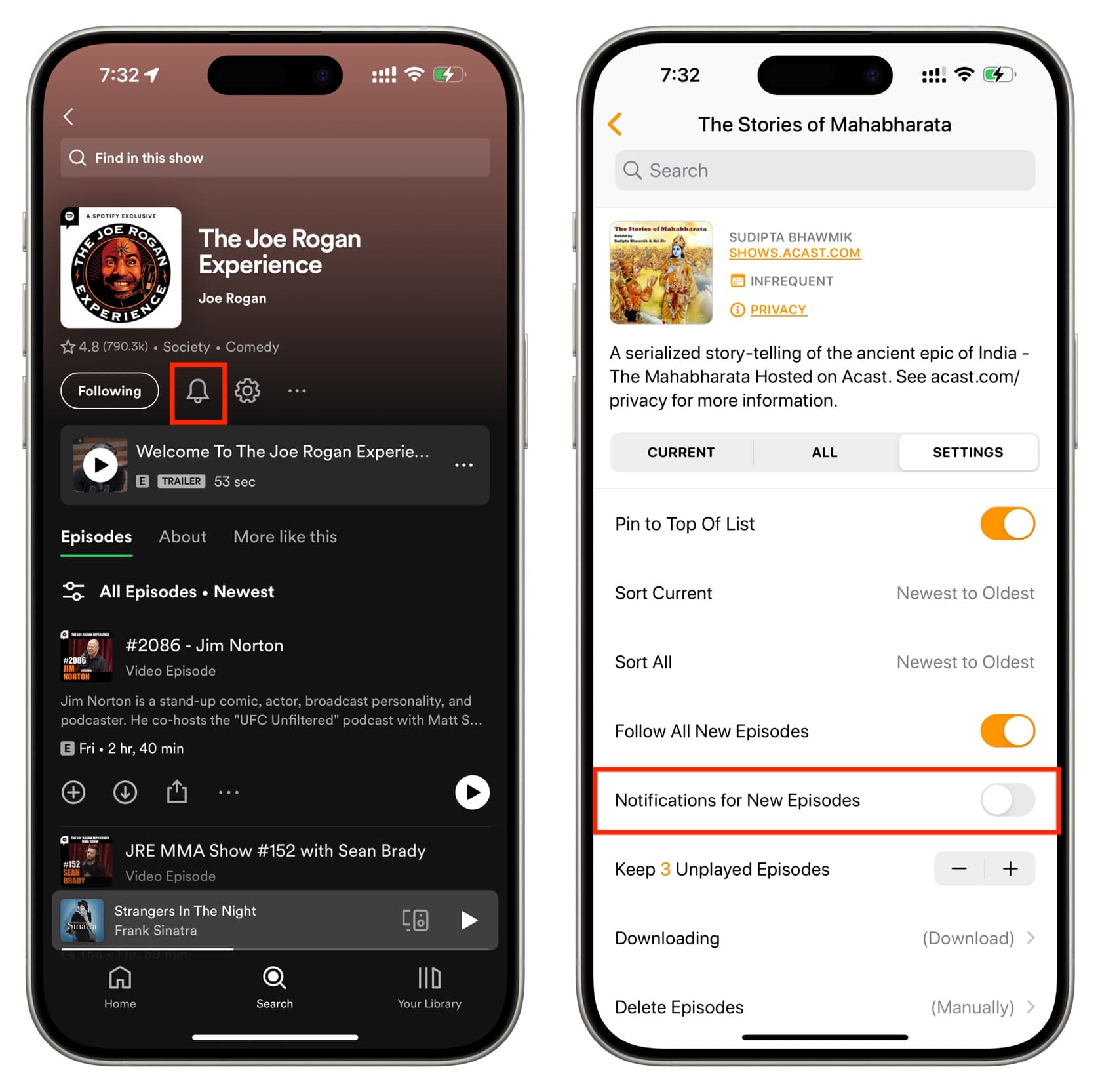Turn off podcast notification in Spotify and Overcast on iPhone