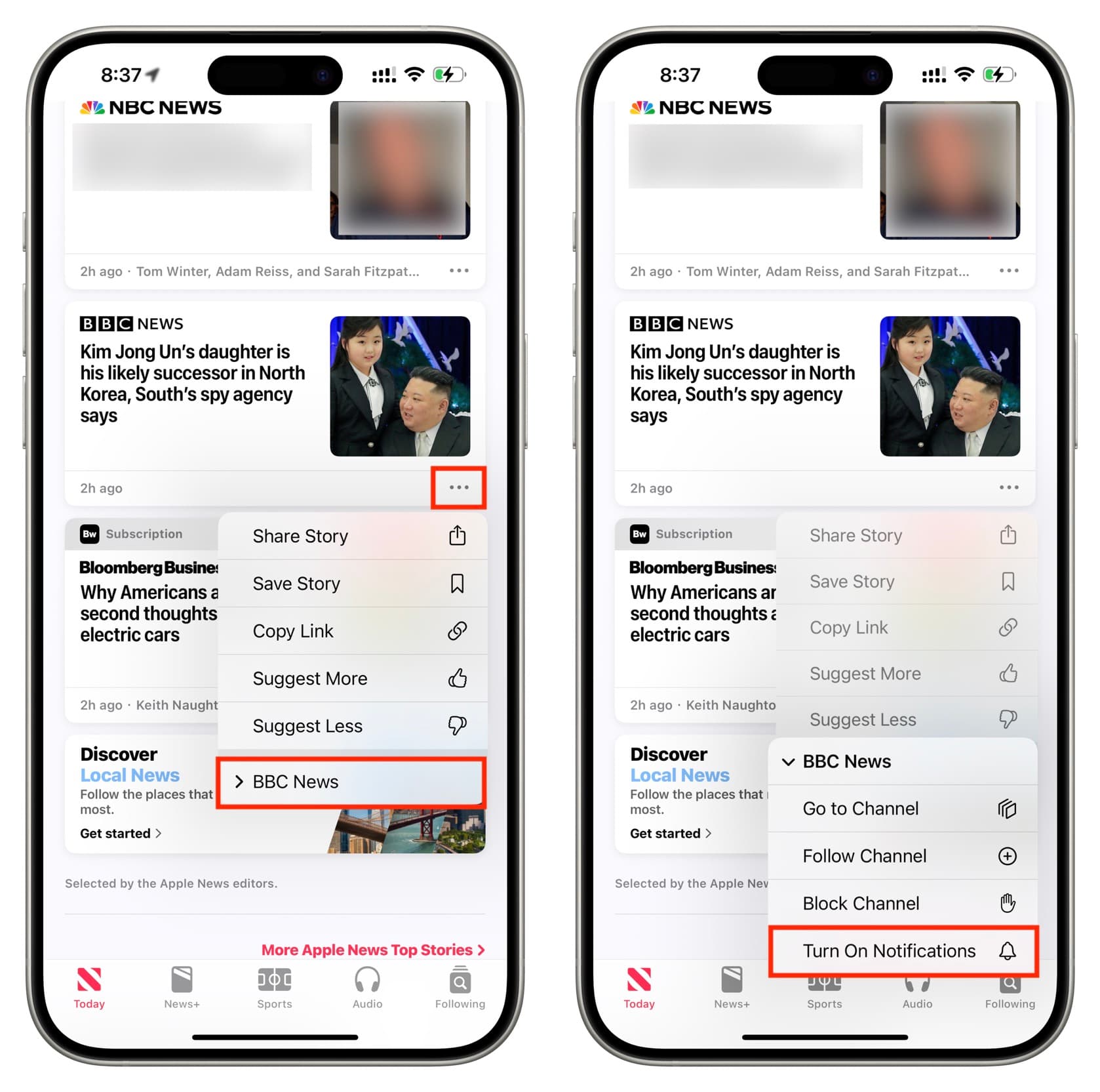 Turn on Notifications for a channel in Apple News app on iPhone