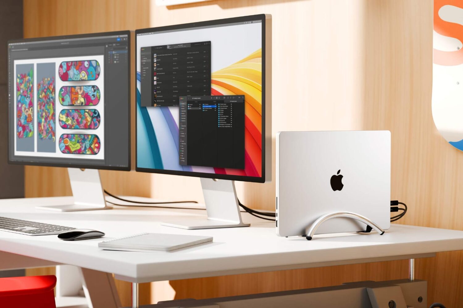 Stylish work desk with two monitors and MacBook Pro in clamshell mode held by Twelve South's BookArc Flex stand