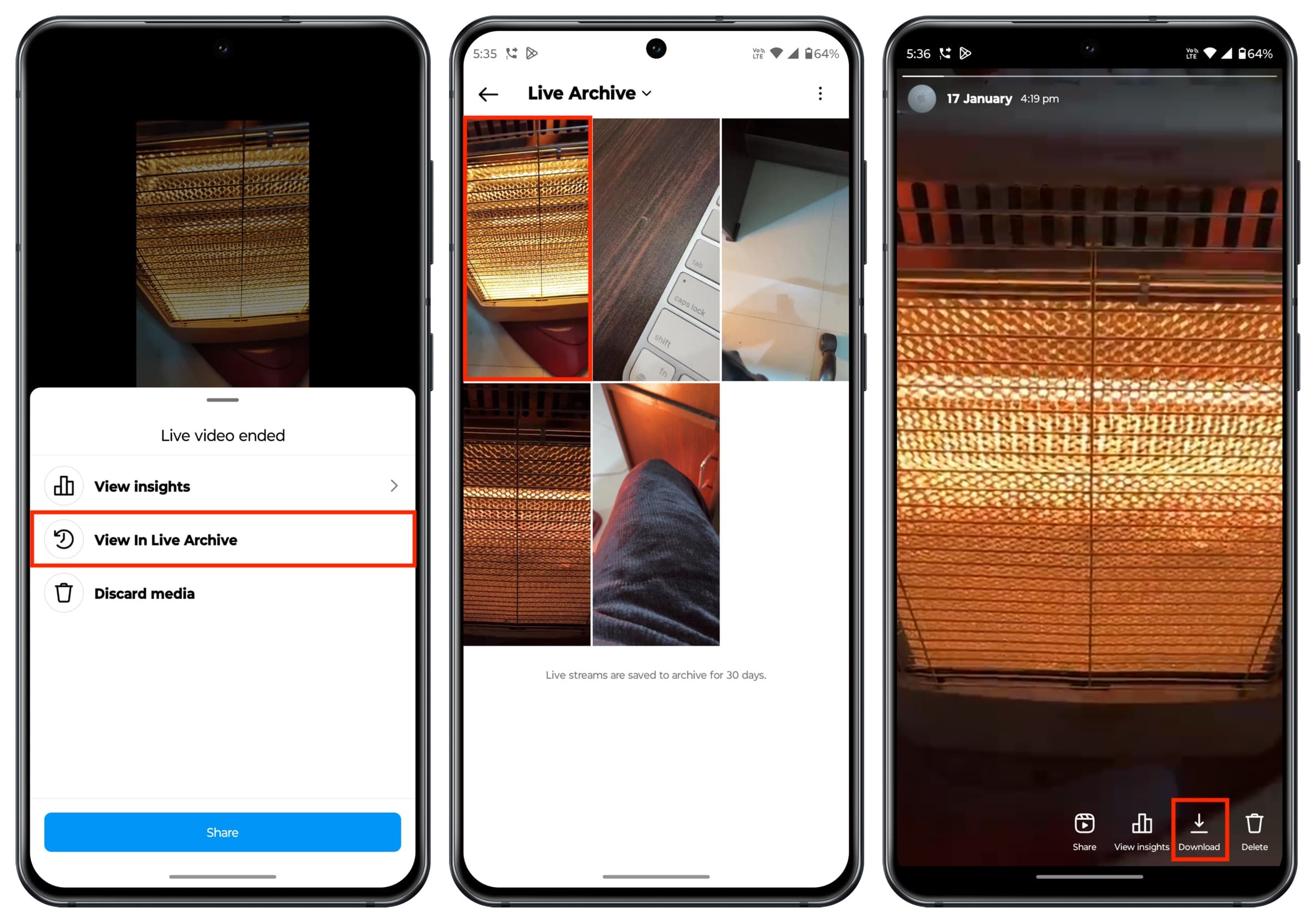 View In Live Archive and save Instagram live video to phone gallery