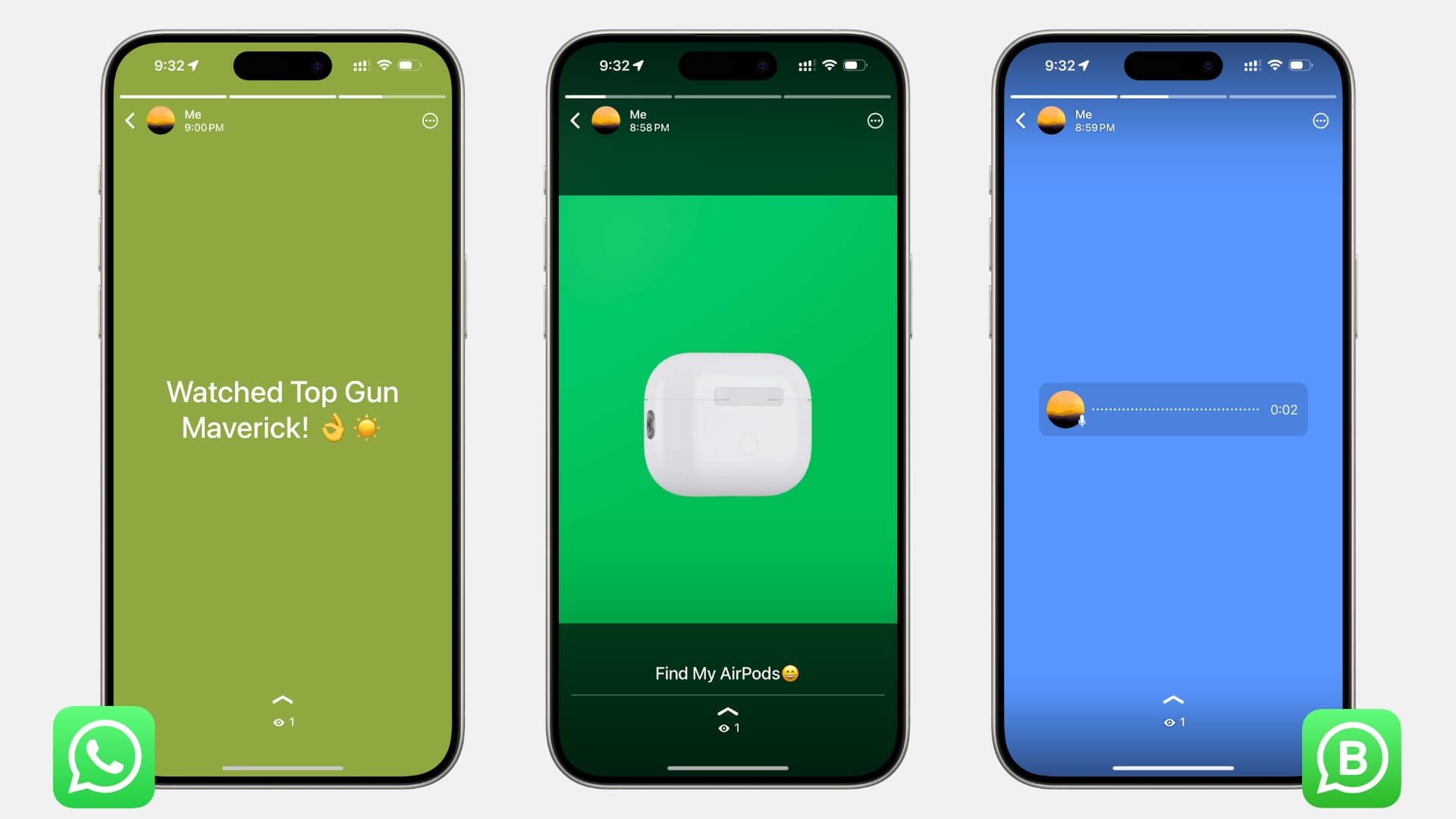 Three iPhone mockups showing test, photo, and audio WhatsApp Status updates