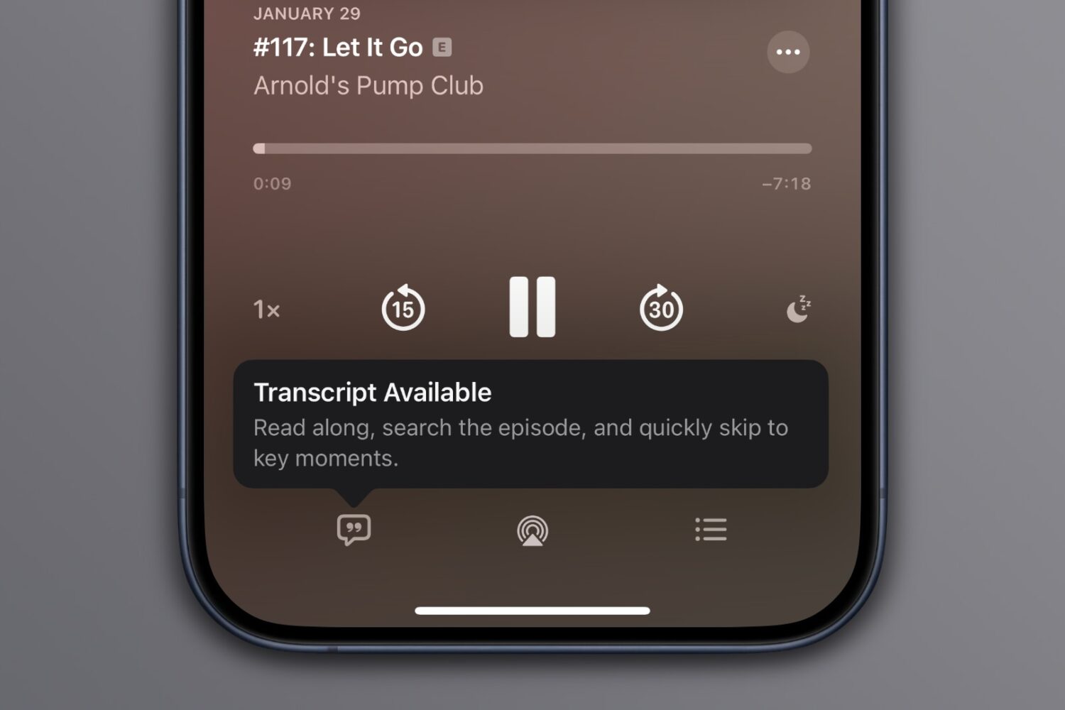 Apple Podcasts on iPhone displaying tooltip about episode transcript availability