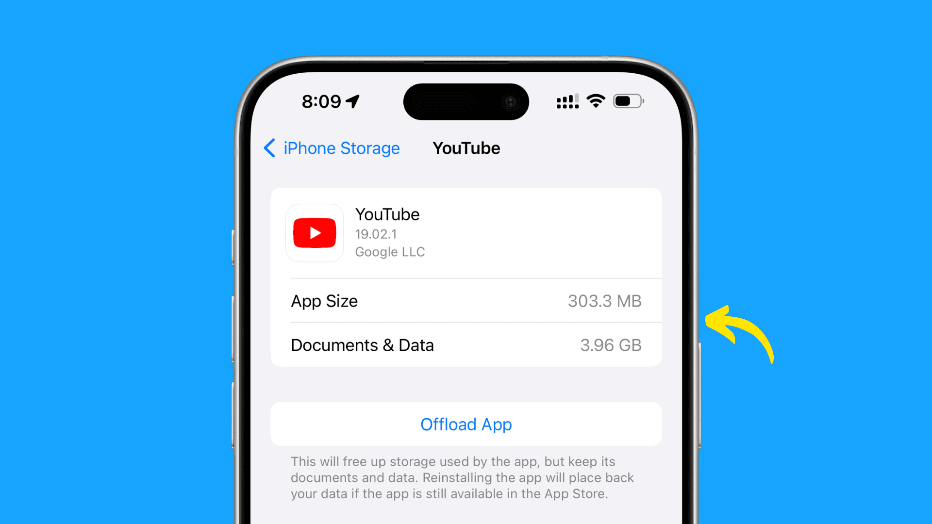 iPhone Storage settings screen showing the app size and documents and data size for the YouTube app