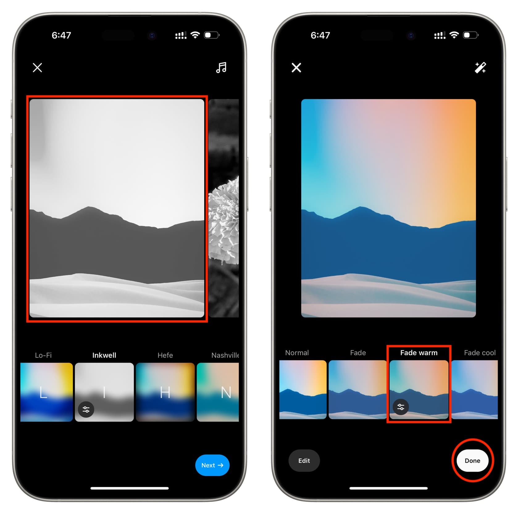 Add filter to a selected photo in Instagram carousel