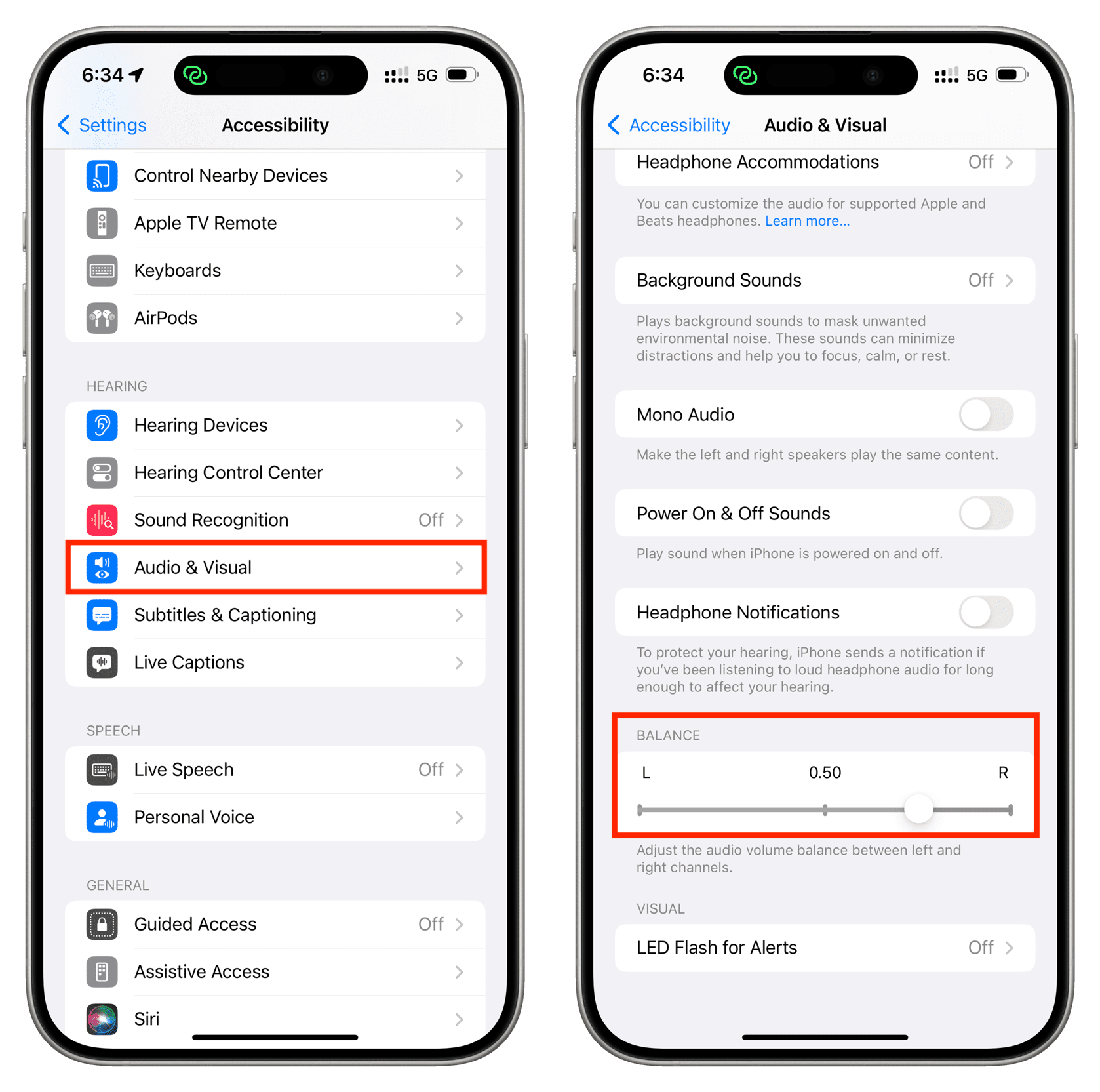 Adjust audio volume balance in iPhone Accessibility settings