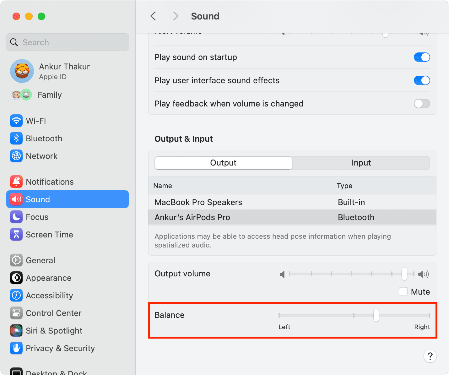 Adjust earphone left and right balance in Mac sound settings