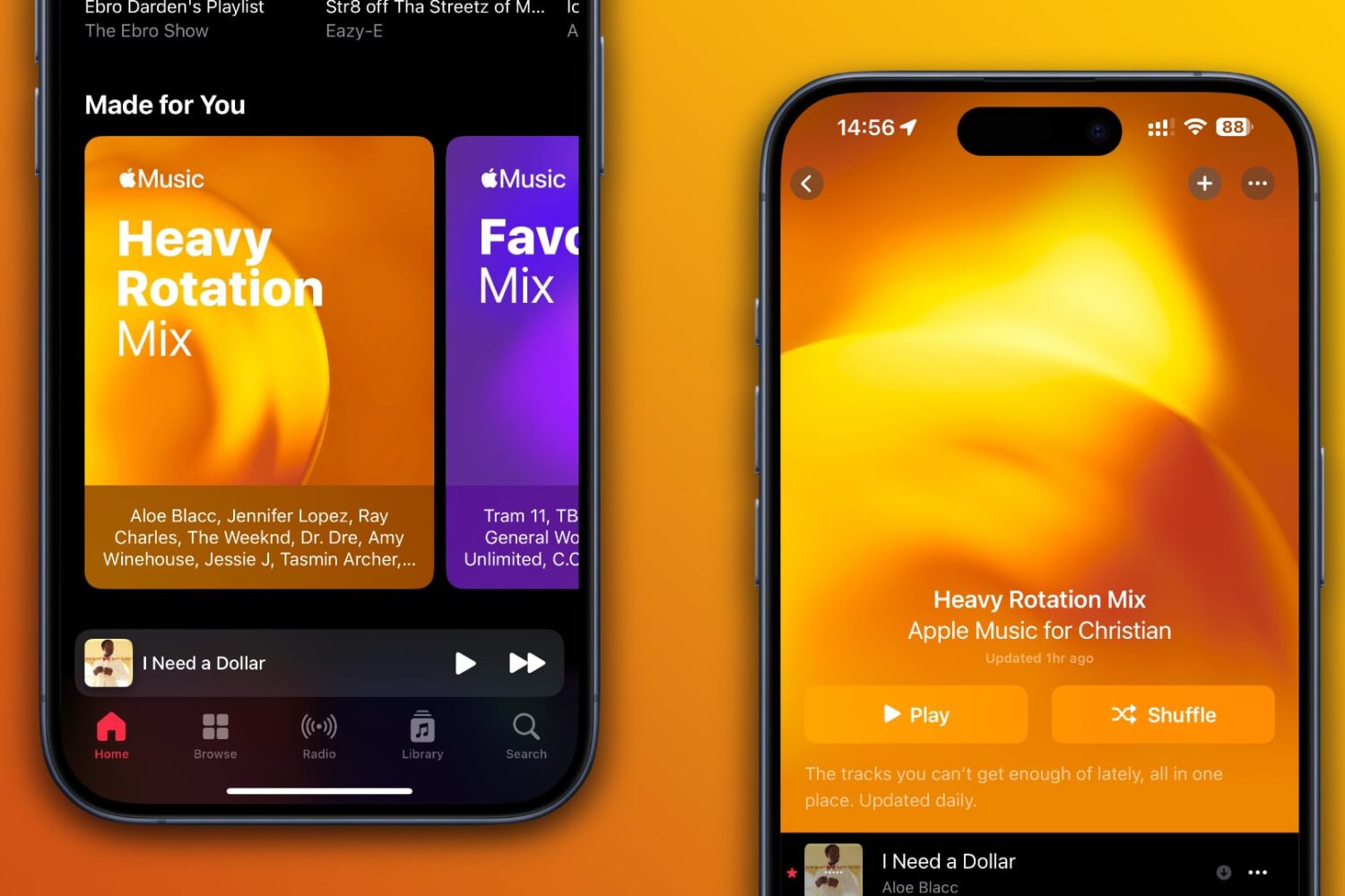 The Music app on iPhone showcasing the Heavy Rotation Mix playlist