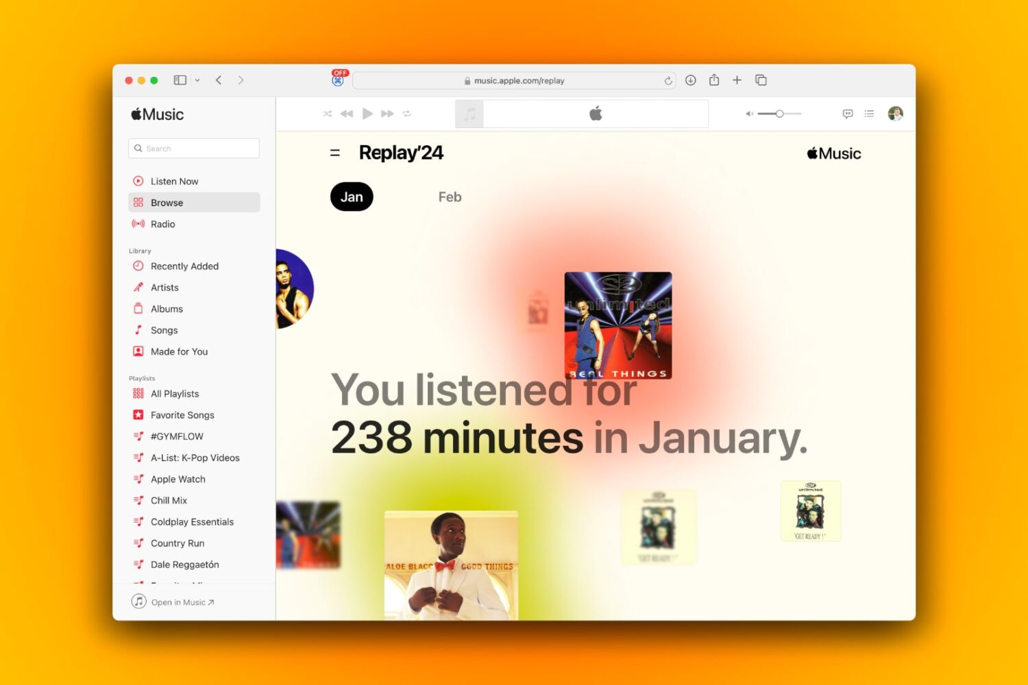 The Apple Music Replay website showing monthly listening stats
