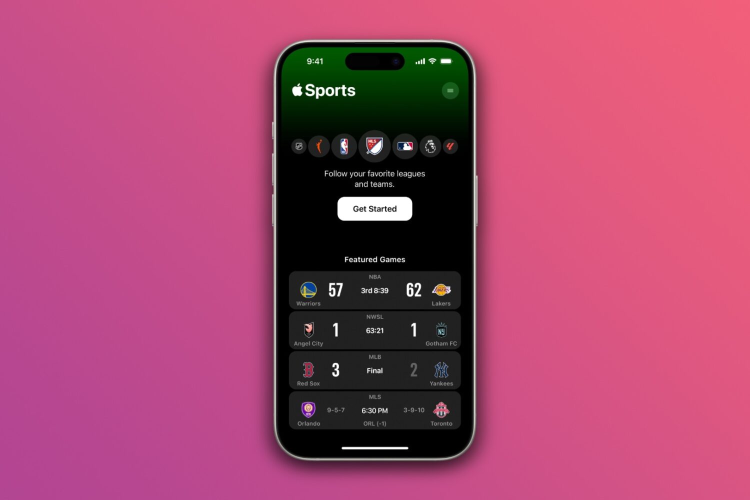 Apple Sports app showing the welcome screen