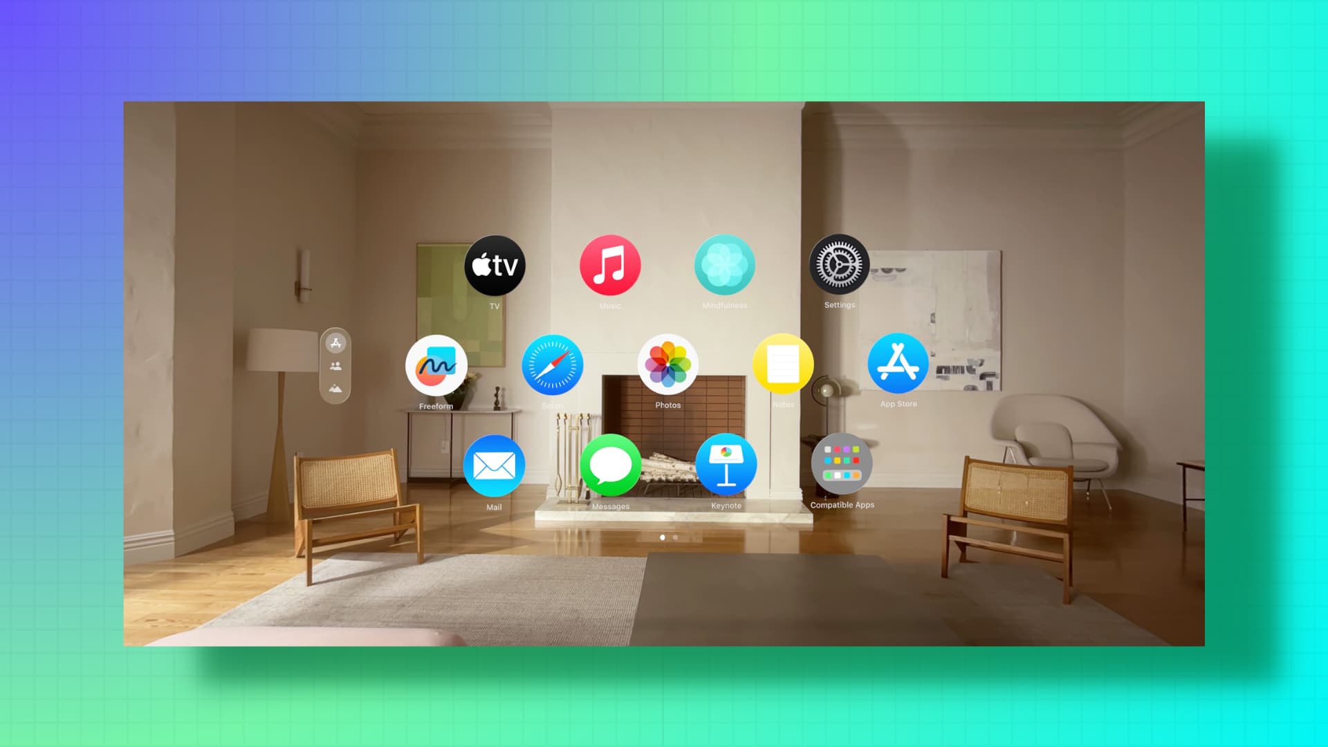 Apple Vision Pro Home Screen showing the apps floating in air over a cosy room acting as the background