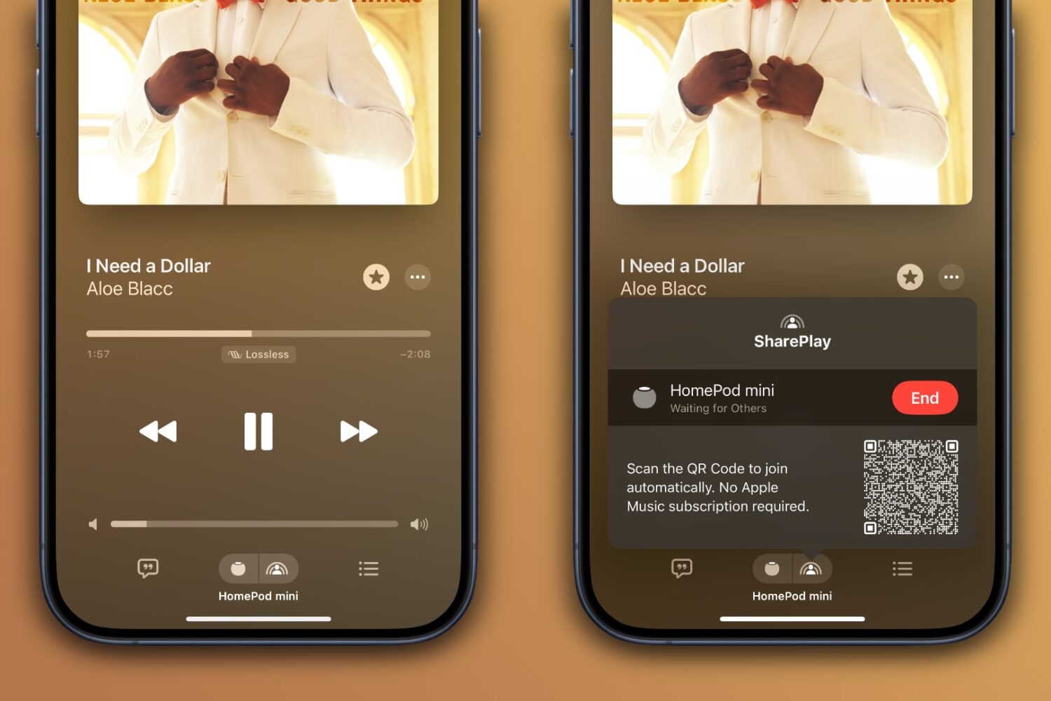 Music app on iPhone displaying QR code to control music on HomePod mini