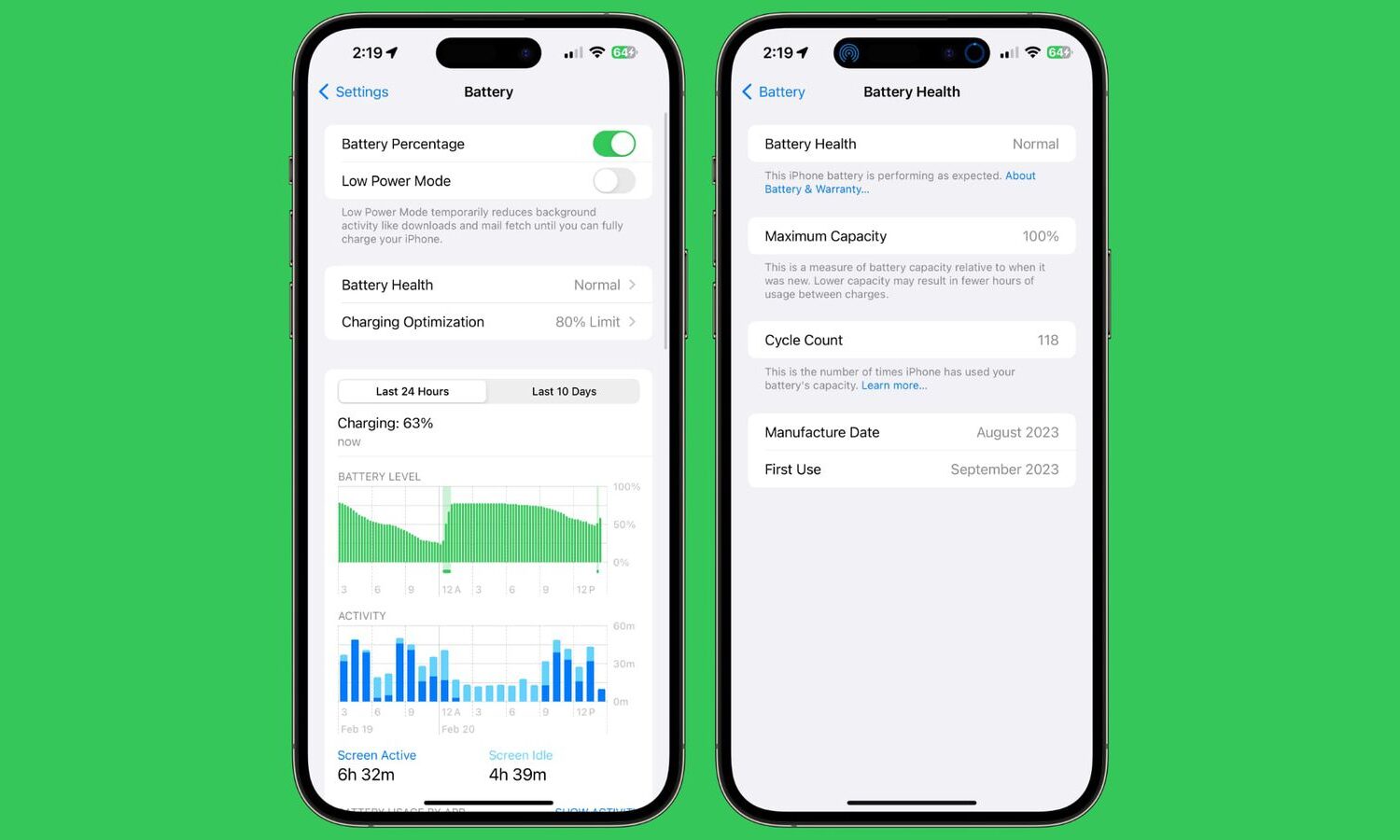 Settings app on iPhone 15 displaying battery health stats