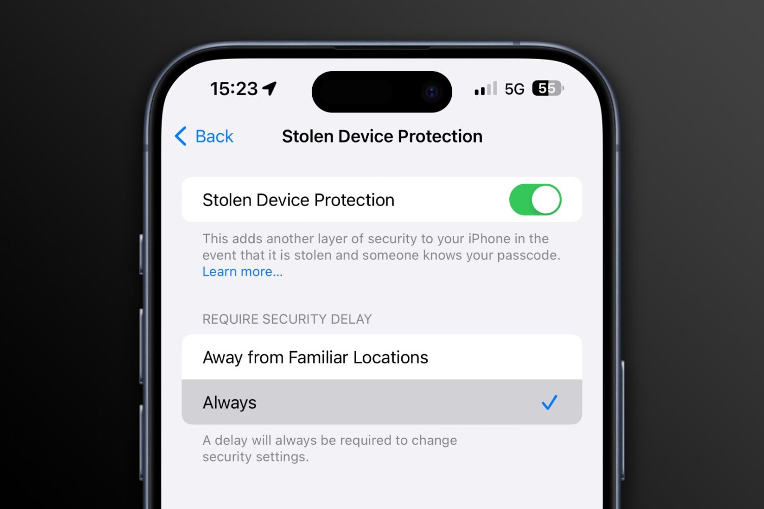 Stolen Device Protection settings on iPhone with a security delay set to Always