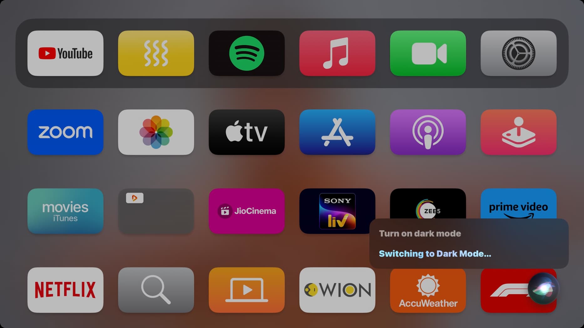 Asking Siri to turn on Dark Mode on Apple TV