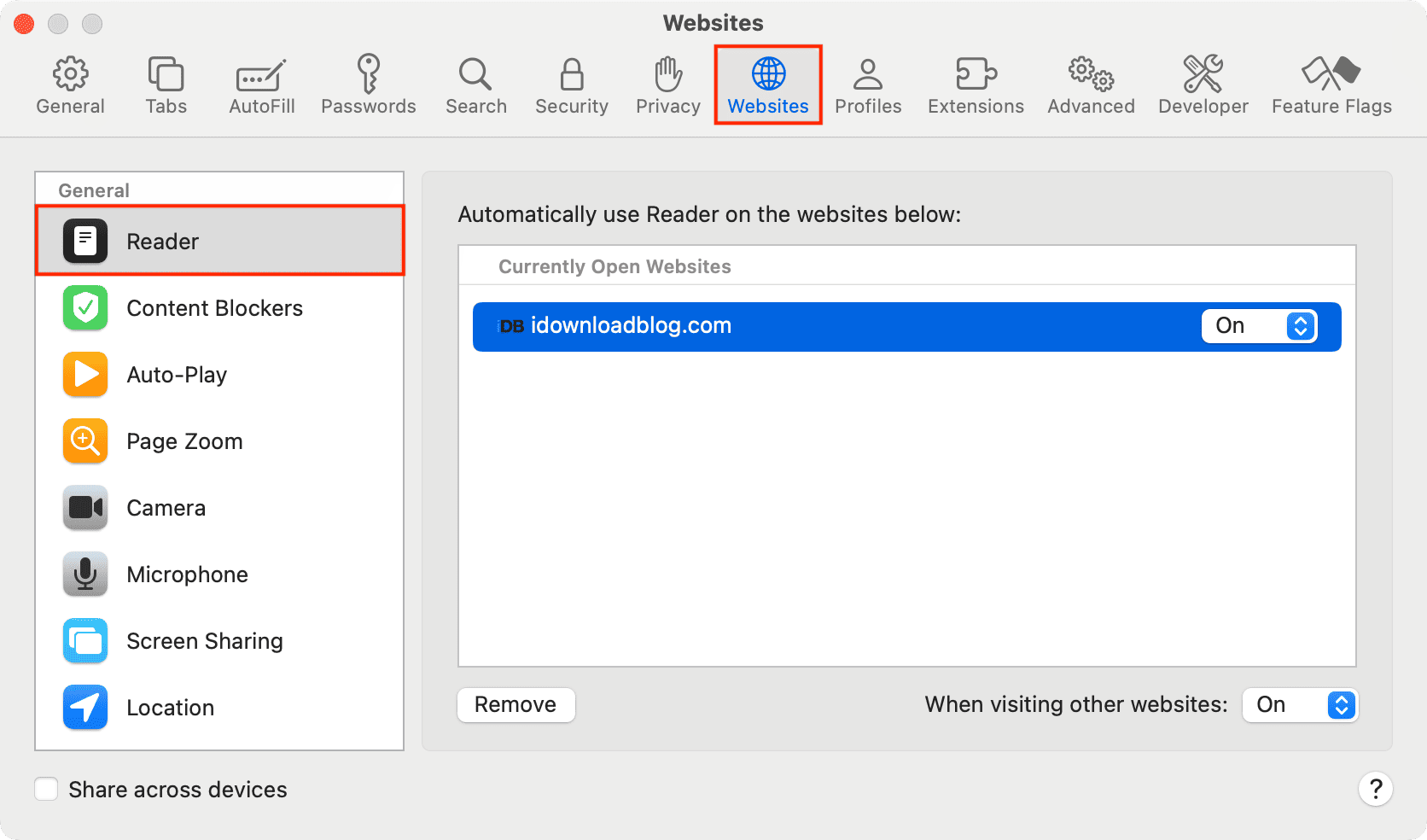Reader Mode settings in Safari