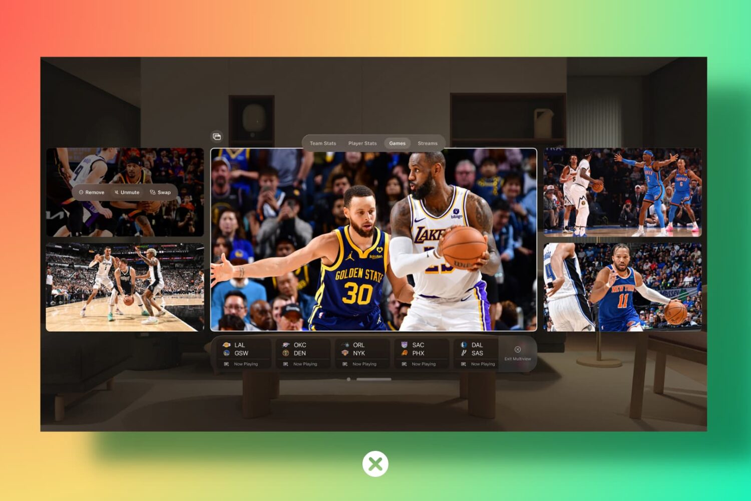 Multiple app windows on Apple Vision Pro showing a basketball game and related information