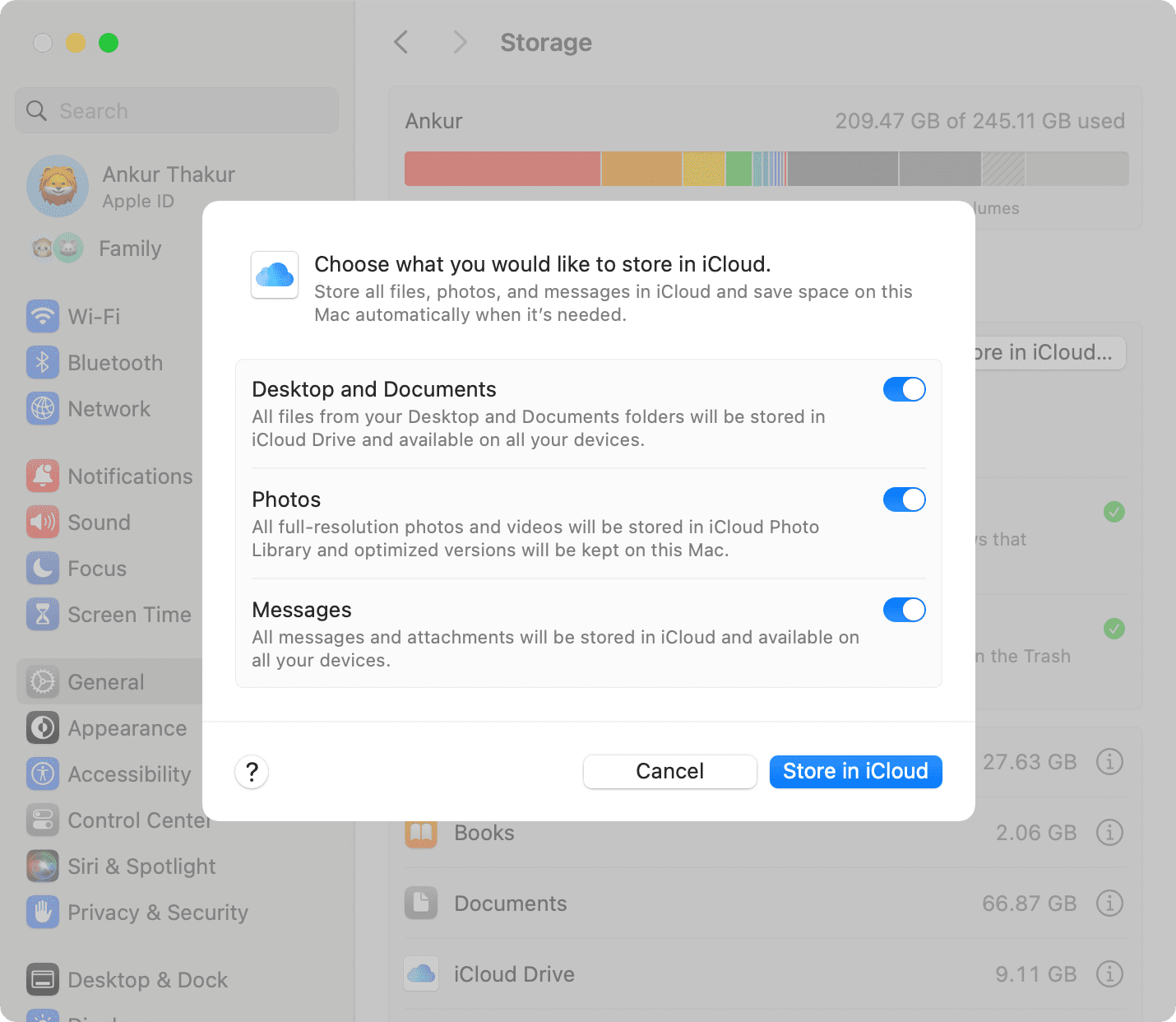Choose what you would like to store in iCloud on Mac
