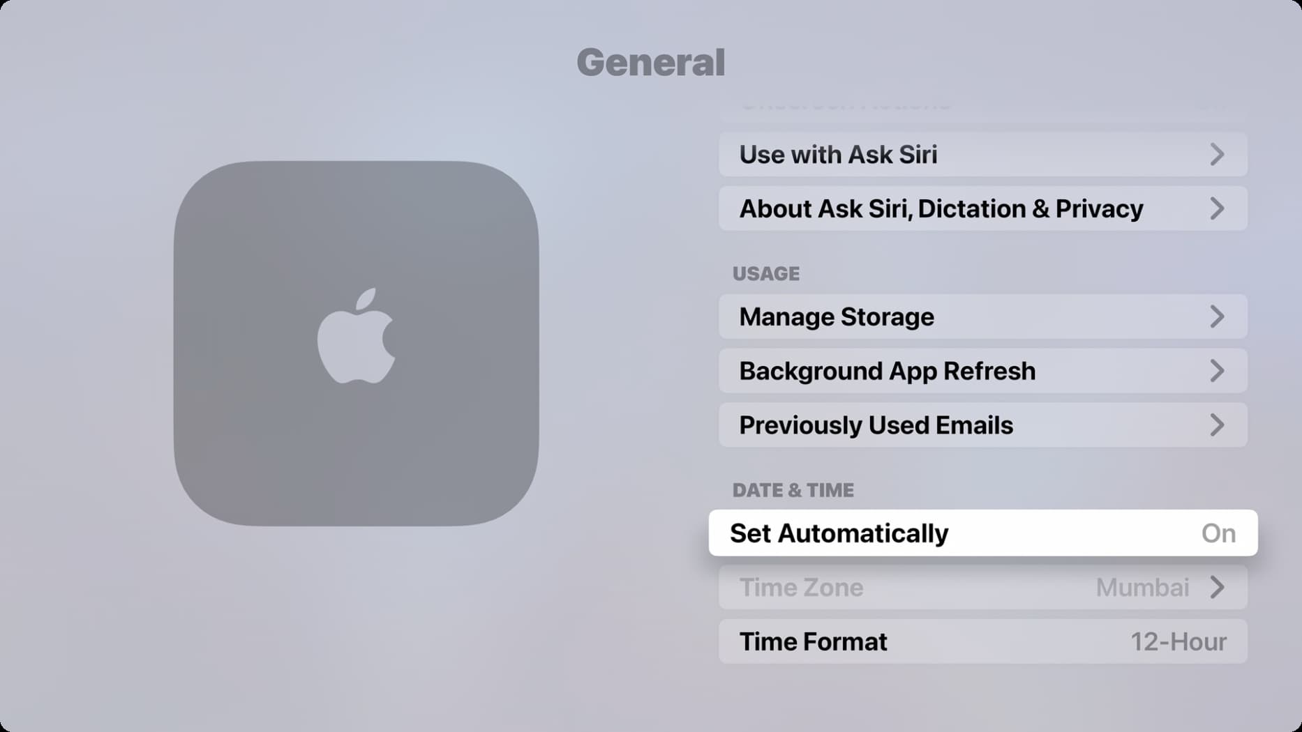 Date and Time settings on Apple TV